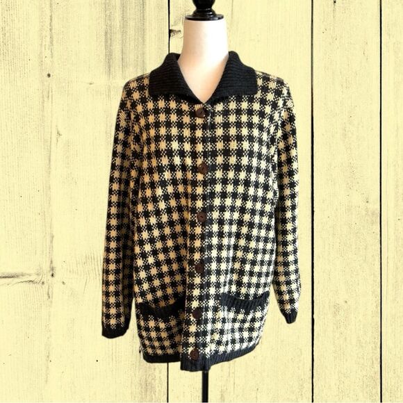 Vintage gingham button up knit cardigan with collar - Picture 2 of 11